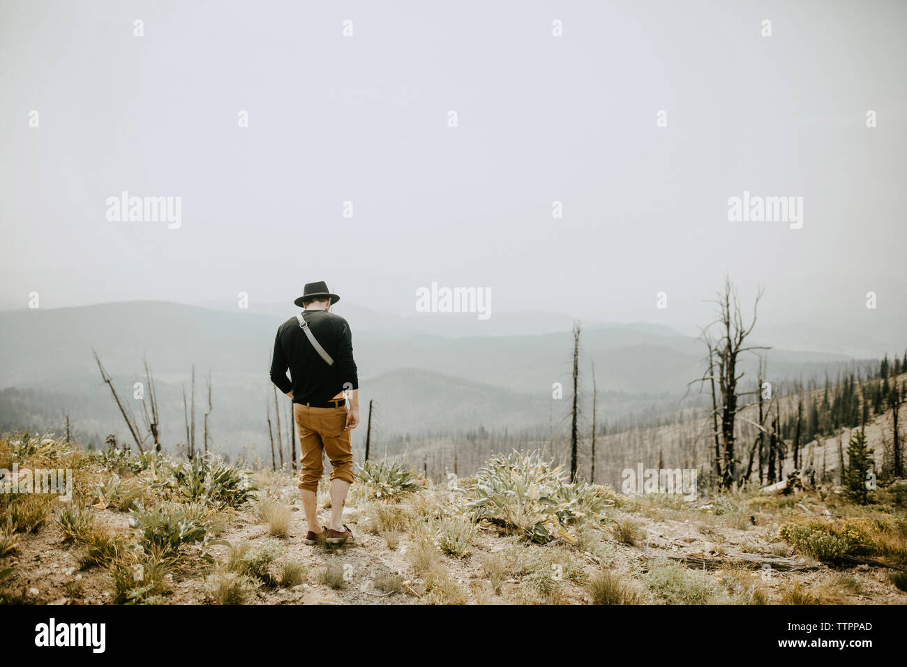 Rückansicht des Menschen mit Blick auf Landschaft und stehen auf Berg gegen Sky Stockfoto