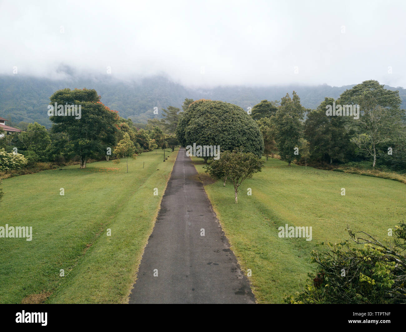 Hohe Betrachtungswinkel der leere Straße inmitten einer Wiese während der nebligen Wetter Stockfoto
