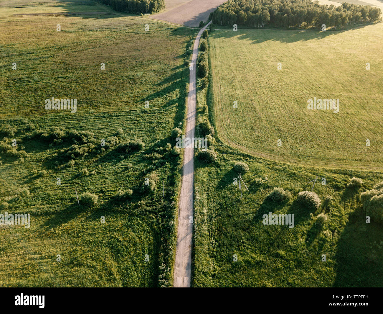 Luftaufnahme von leere Straße inmitten einer grünen Landschaft während der sonnigen Tag Stockfoto
