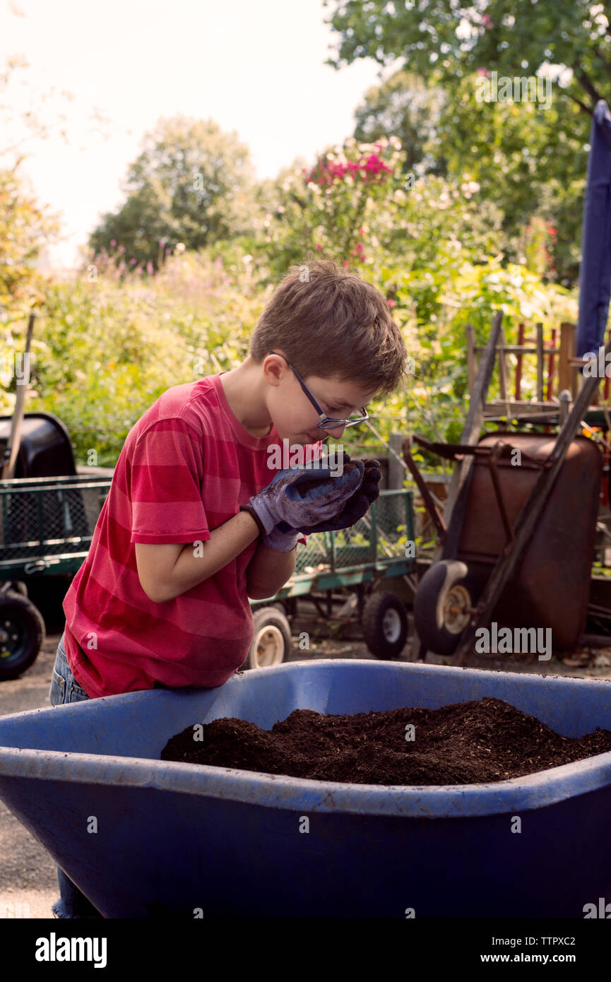 Junge Prüfung Boden bei der Gartenarbeit auf gemeinschaftlicher Garten Stockfoto