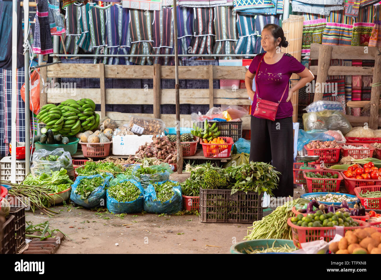 Frau Shopper im Lebensmittelmarkt, Bac Ha, Lao Cai Provinz, Vietnam, Asien, Stockfoto