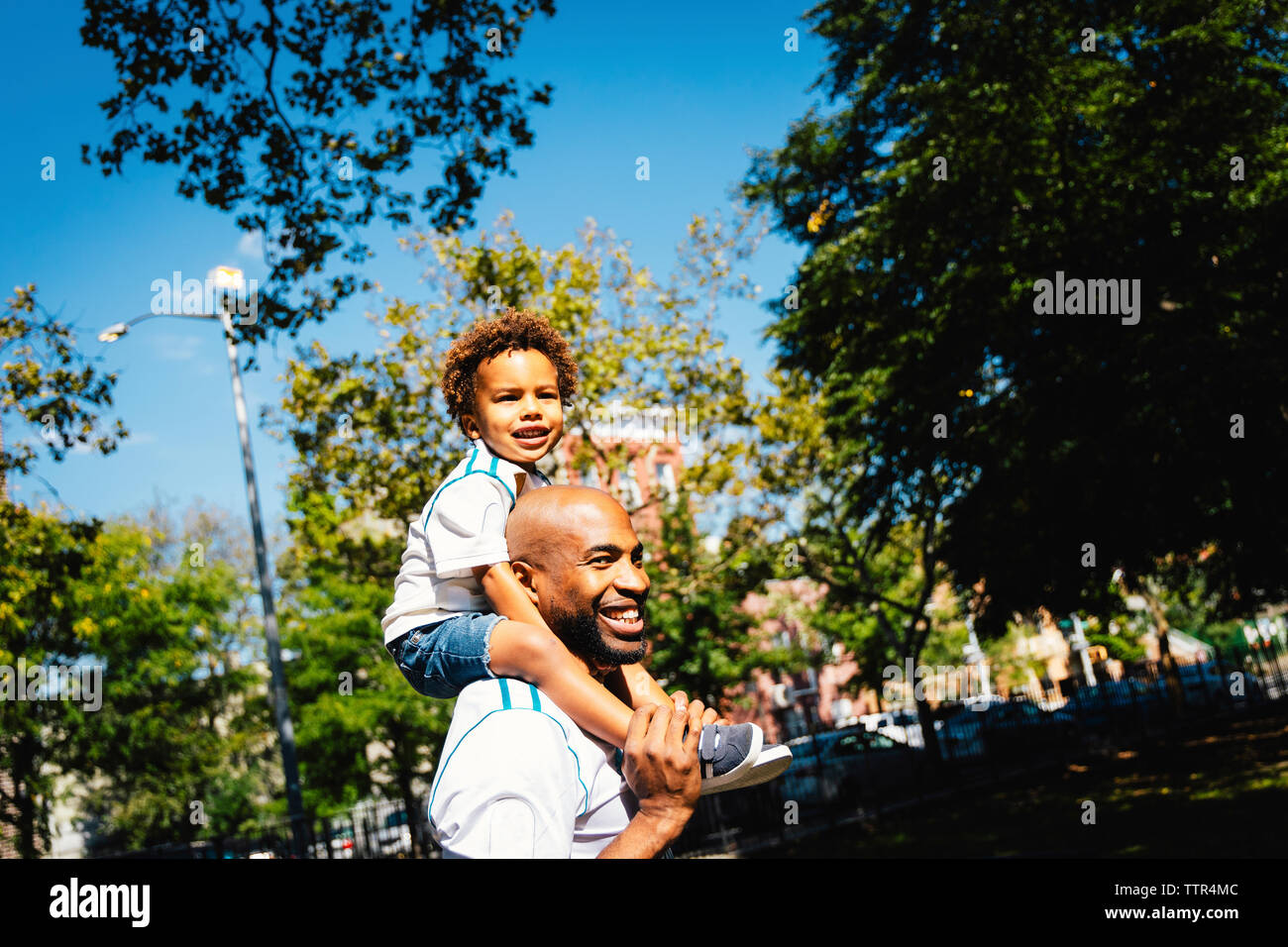 Gerne Vater mit Sohn auf den Schultern beim Stehen im Park Stockfoto