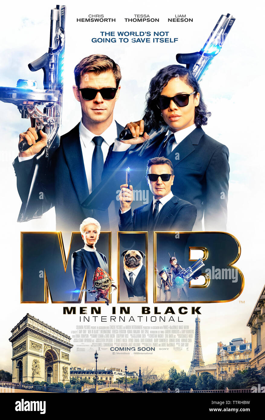 Men in Black: International (2019) unter der Regie von F. Gary Gary mit Chris Hemsworth, Tessa Thompson und Rebecca Ferguson. Die Männer in Schwarz entdecken einen Maulwurf in ihrer geheimen Organisation. Internationale Poster NUR FÜR REDAKTIONELLE ZWECKE. Quelle: BFA/Sony Pictures Stockfoto