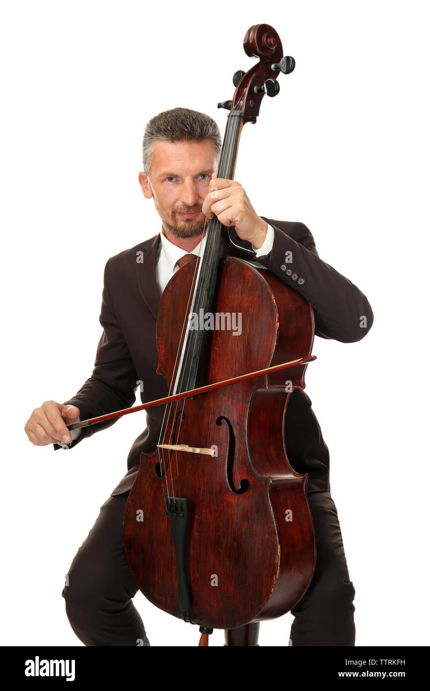 Mann spielt Cello auf weißem Hintergrund Stockfoto