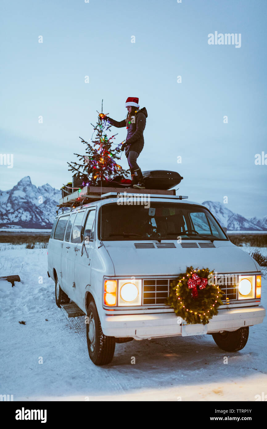 Junge Frau steht auf Vintage White Van mit Weihnachtsbaum Stockfoto