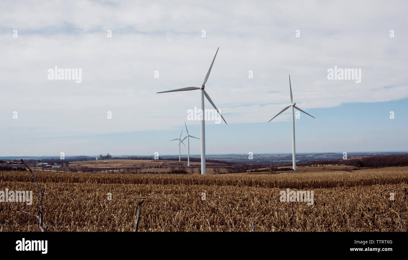 Windmühlen auf Feld gegen bewölkter Himmel Stockfoto