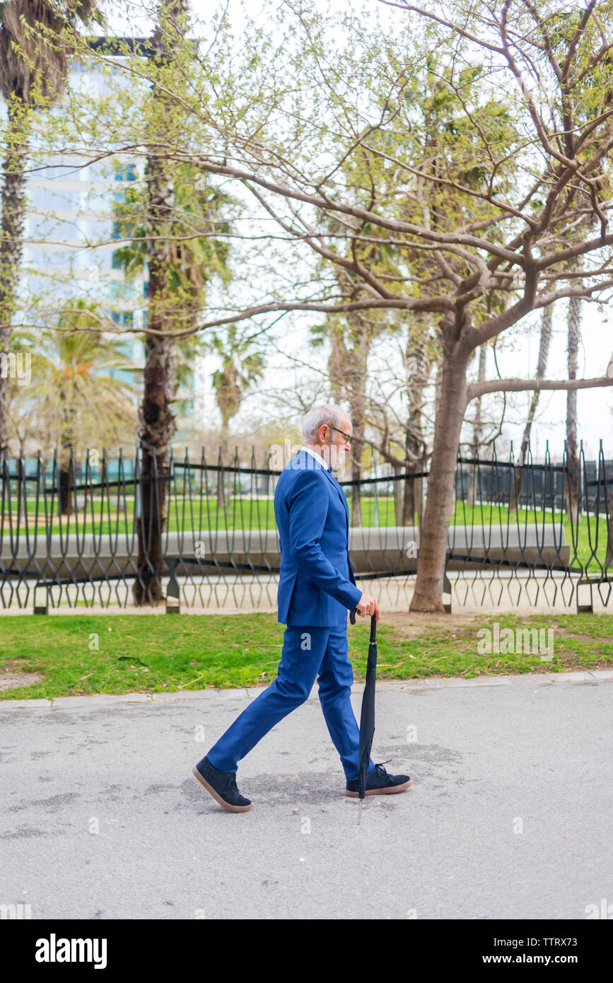 Seitenansicht der älteren Mann in Anzug mit Regenschirm zu Fuß auf der Straße gegen Bäume im Park Stockfoto