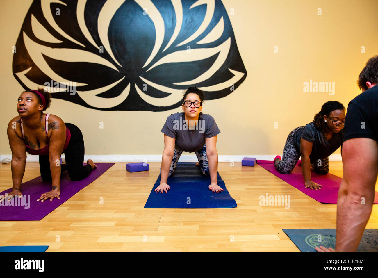 Eine kleine Gruppe von Studenten der Praxis Entspannung in einem Yoga Studio Stockfoto