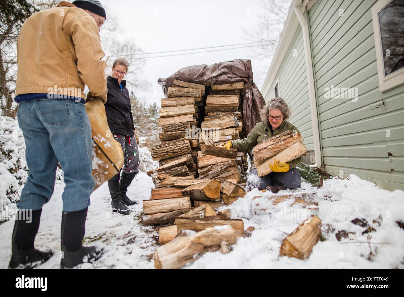 Eine Familie arbeiten zusammen, um Holz für den Kamin im Winter zu sammeln Stockfoto
