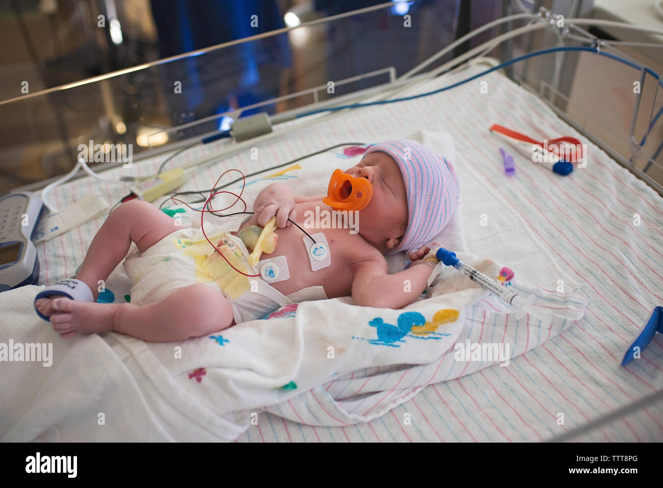Newborn Baby In Hospital Crib Stockfotos Newborn Baby In