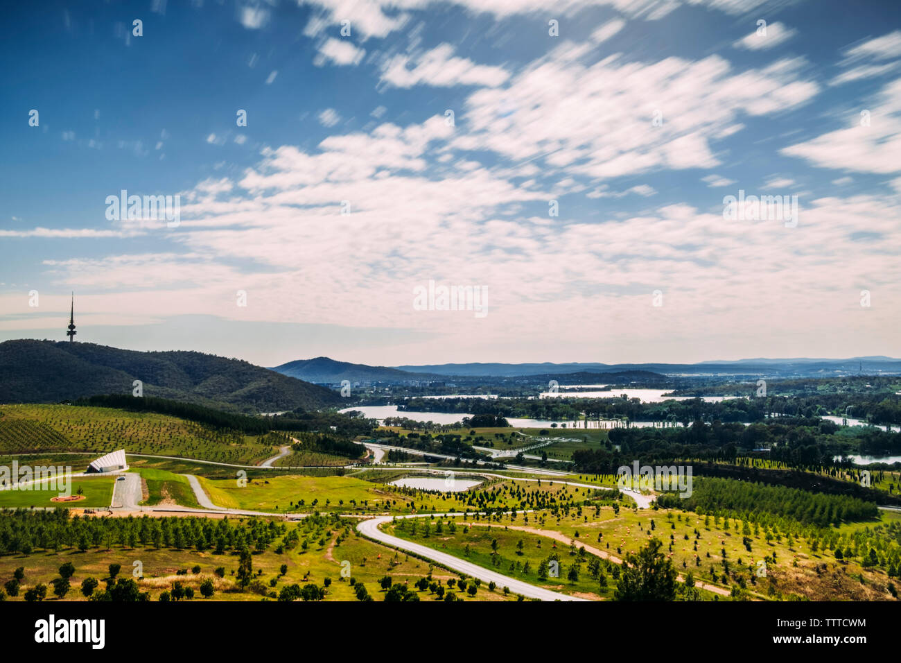 Landschaft von über Canberra von National Arboretum Stockfoto