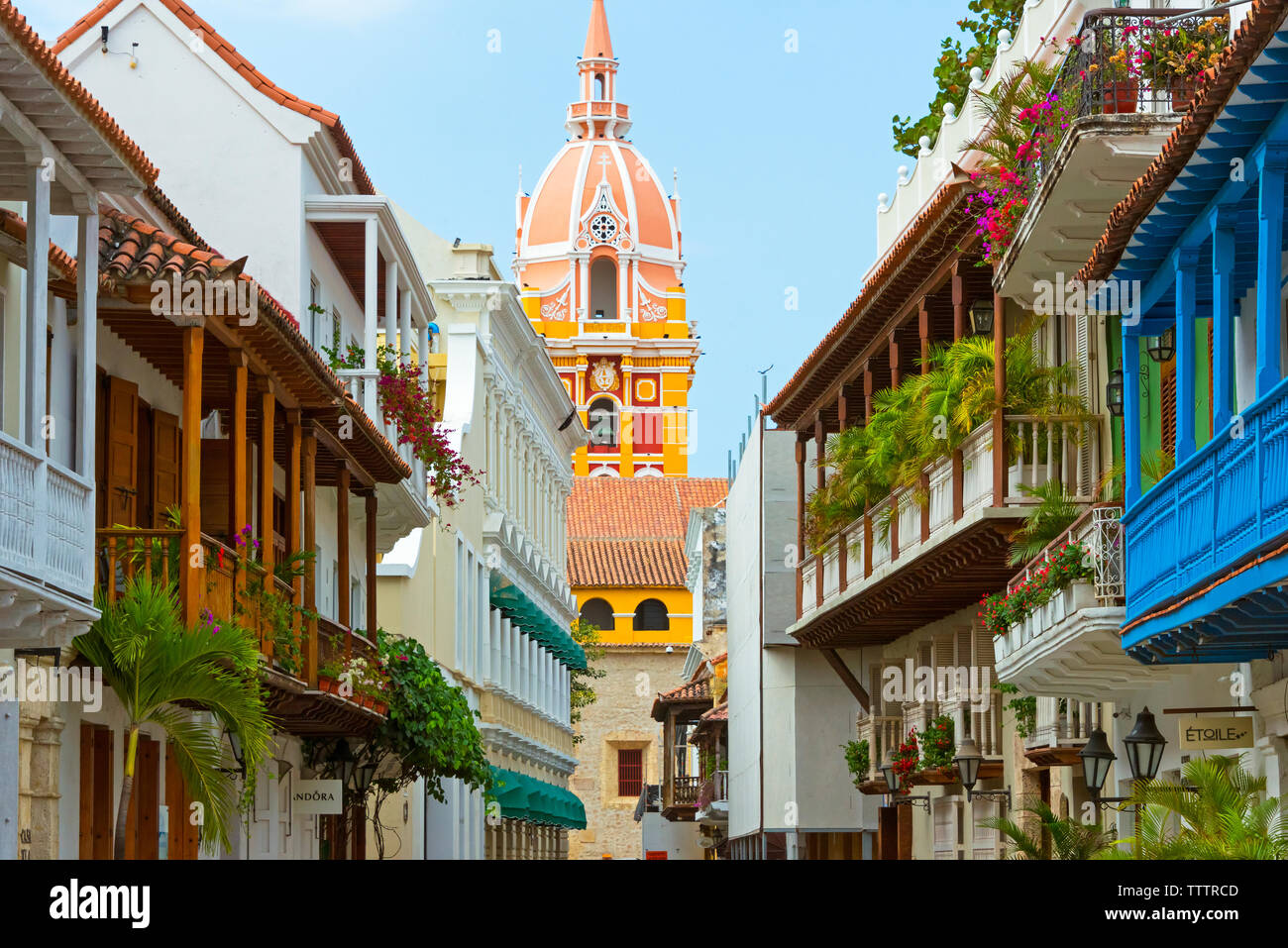 Turm der Kathedrale und Häuser aus der Kolonialzeit in der Altstadt, Cartagena, UNESCO-Weltkulturerbe, Bolivar Abteilung, Kolumbien Stockfoto