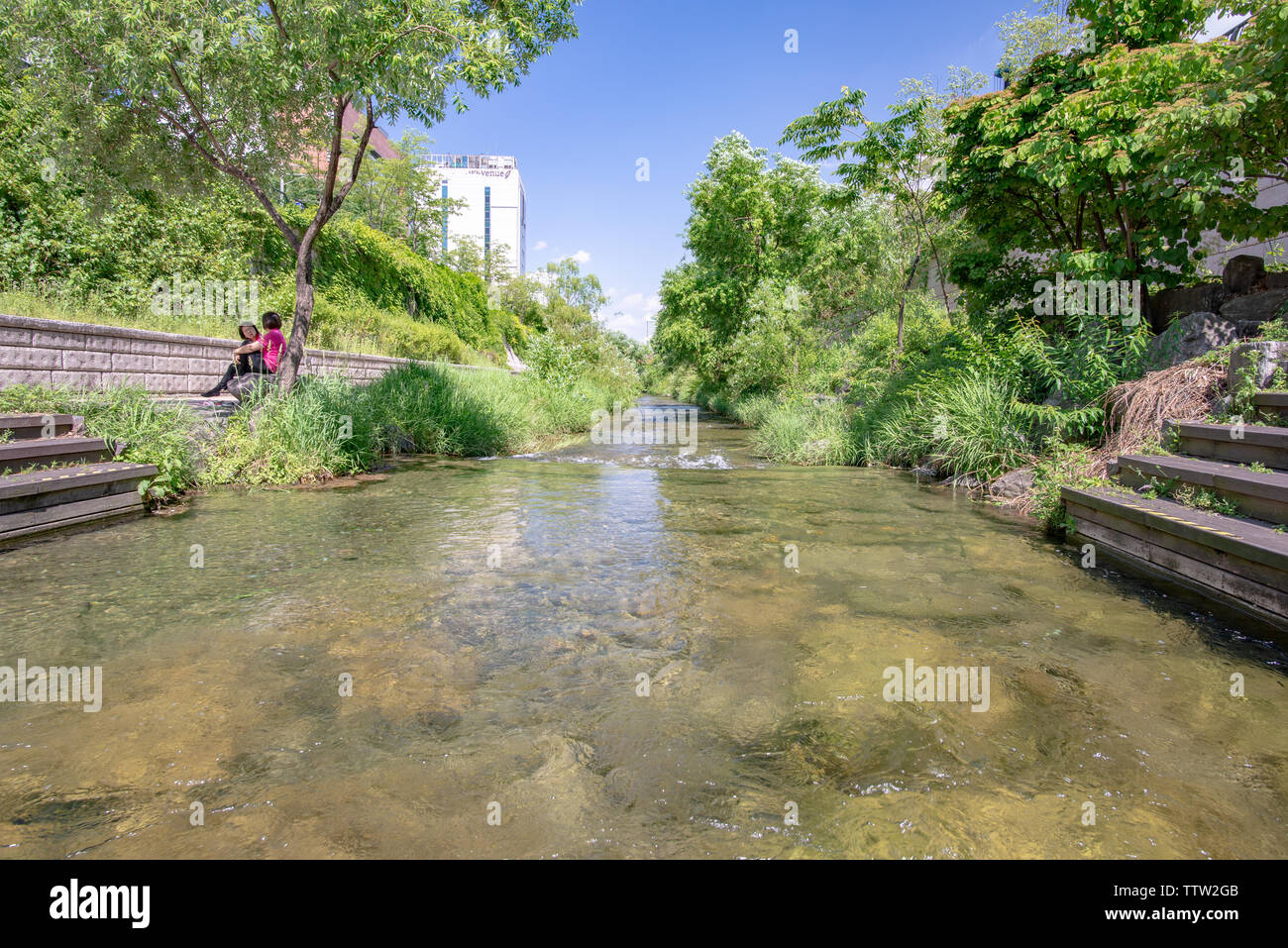 SEOUL, Südkorea - 31. MAI 2019: Zwei Frauen diskutieren auf einer Bank in der Nähe von dem klaren Wasser des Cheonggyecheon Strom, Seoul, Südkorea Stockfoto