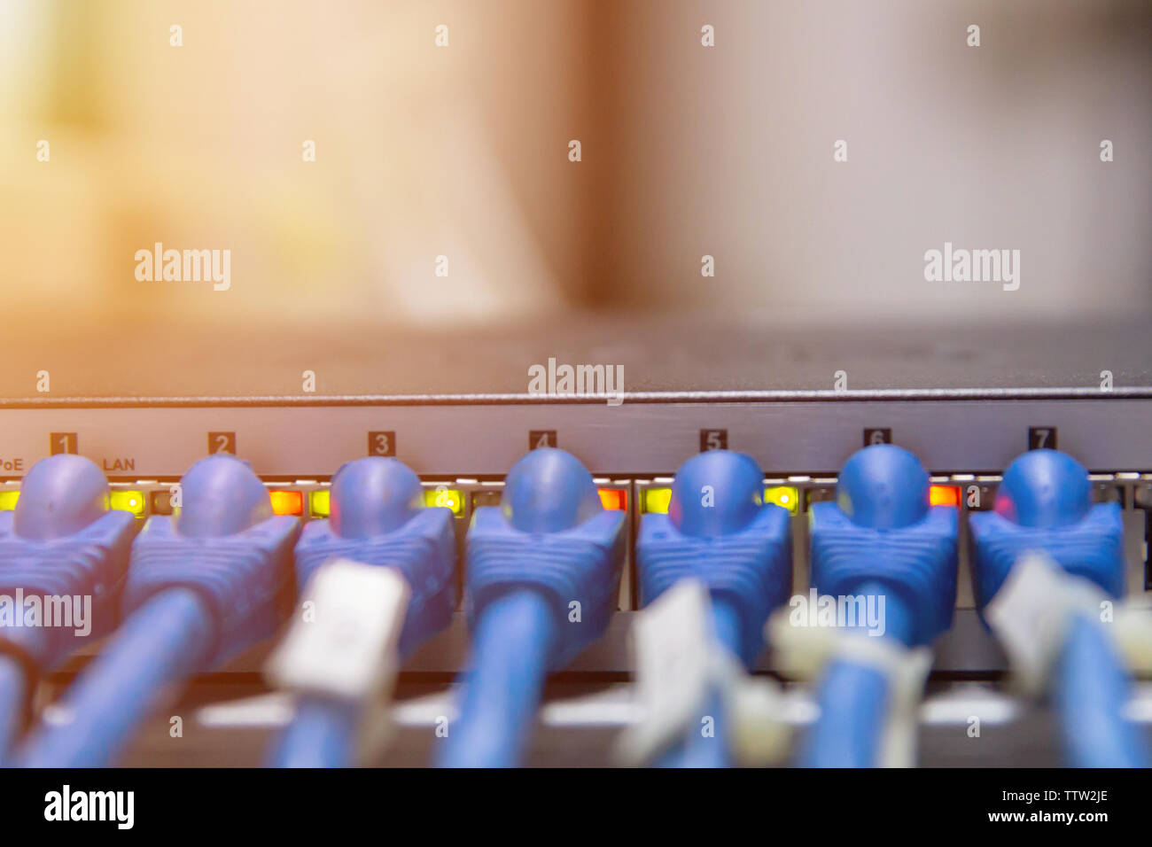 Informationen-Technologie-Computer-Netzwerk, Telekommunikation Ethernet-Kabel an Internet-Switch angeschlossen. Stockfoto