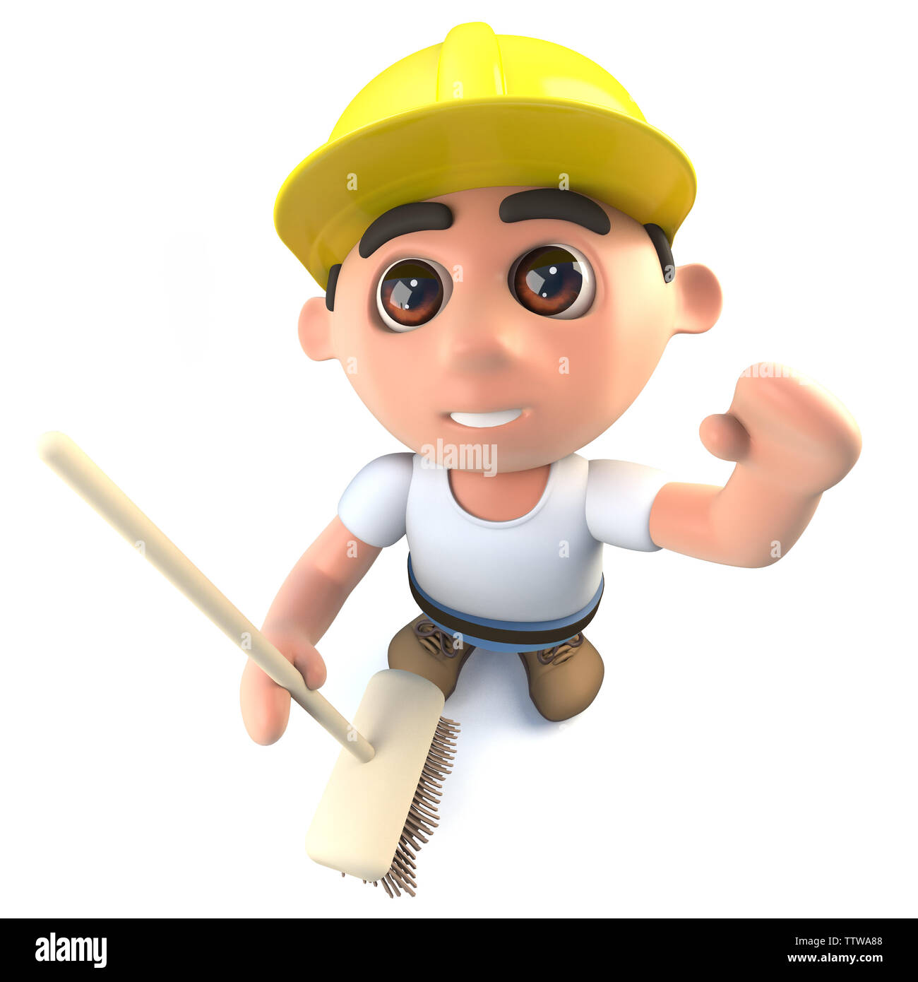 3D-Render ofa lustig Cartoon builder Bauarbeiter Charakter Reinigung mit einem Besen Stockfoto