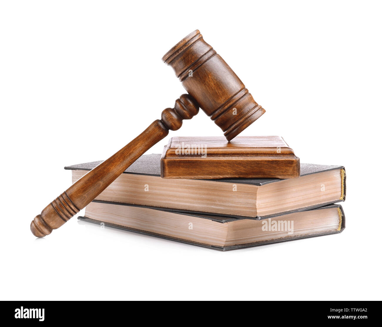 Hammer mit Sound Block und Bücher isoliert auf weißem Stockfoto