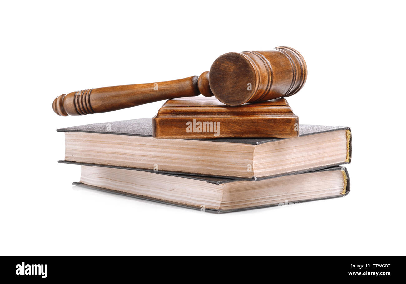 Hammer mit Sound Block und Bücher isoliert auf weißem Stockfoto