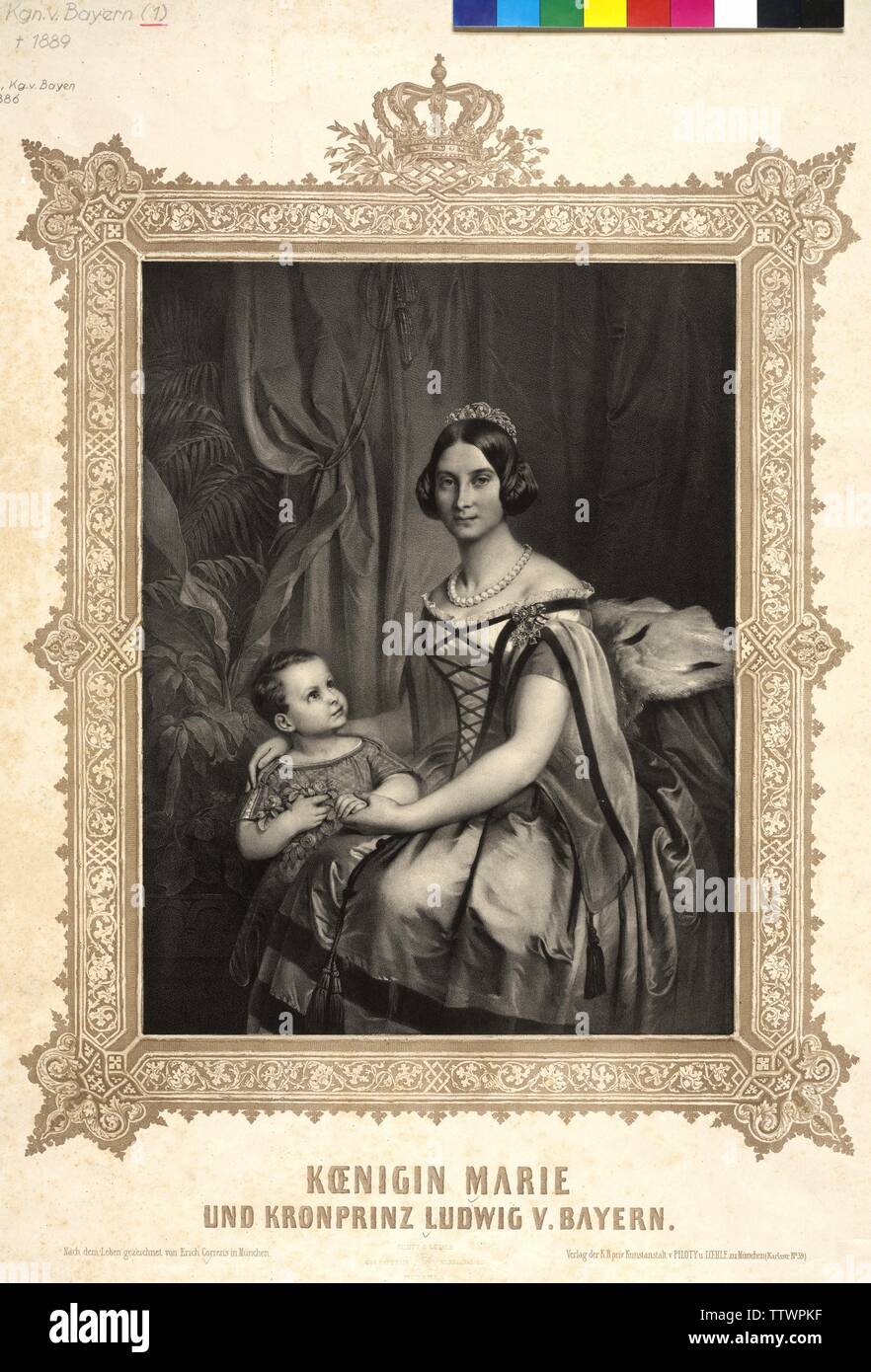 Königin Marie und Kronprinz Ludwig von Bayern, Lithographie, basierend auf einer Zeichnung von Erich Correns, Additional-Rights - Clearance-Info - Not-Available Stockfoto