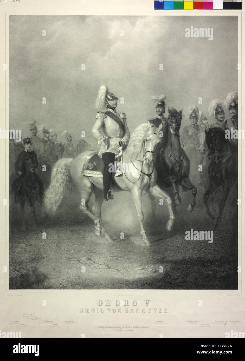 George V. König von Hannover, Reiter Bild mit Entourage, Lithographie von Emil Schulz basierend auf einem Gemälde von Charles L'Allemand, Additional-Rights - Clearance-Info - Not-Available Stockfoto