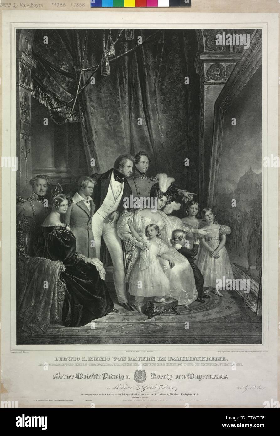 König Ludwig I. von Bayern in den Kreis der Familie. bei Betrachtung eines Gemäldes, der die Eingabe der Königlichen Otto in Nauplia, Lithographie basierend auf eigenen Zeichnung von Gottlieb Bodmer, auf einen Entwurf von Dietrich Mont Wappen auf der Grundlage darstellt. China, Additional-Rights - Clearance-Info - Not-Available Stockfoto