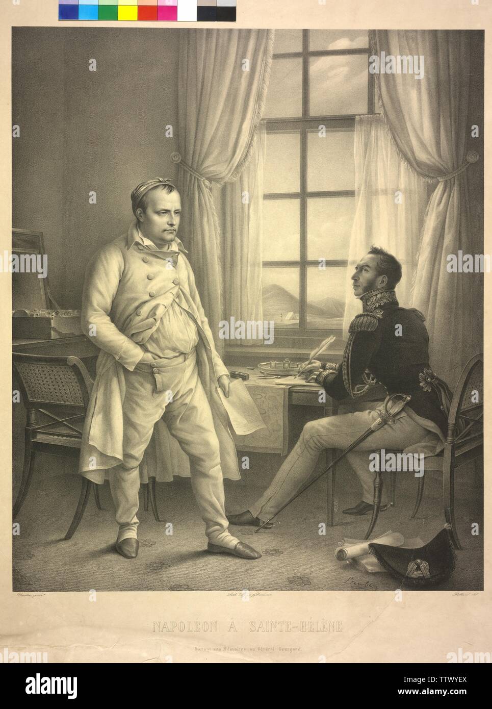 Napoleon auf St. Helena, das Diktieren der allgemeinen Gourgaud Einhalt geboten wurde seine Lebensgeschichte, Lithographie von zephirin Belliard basierend auf einem Gemälde von Karl von Steuben, Additional-Rights - Clearance-Info - Not-Available Stockfoto