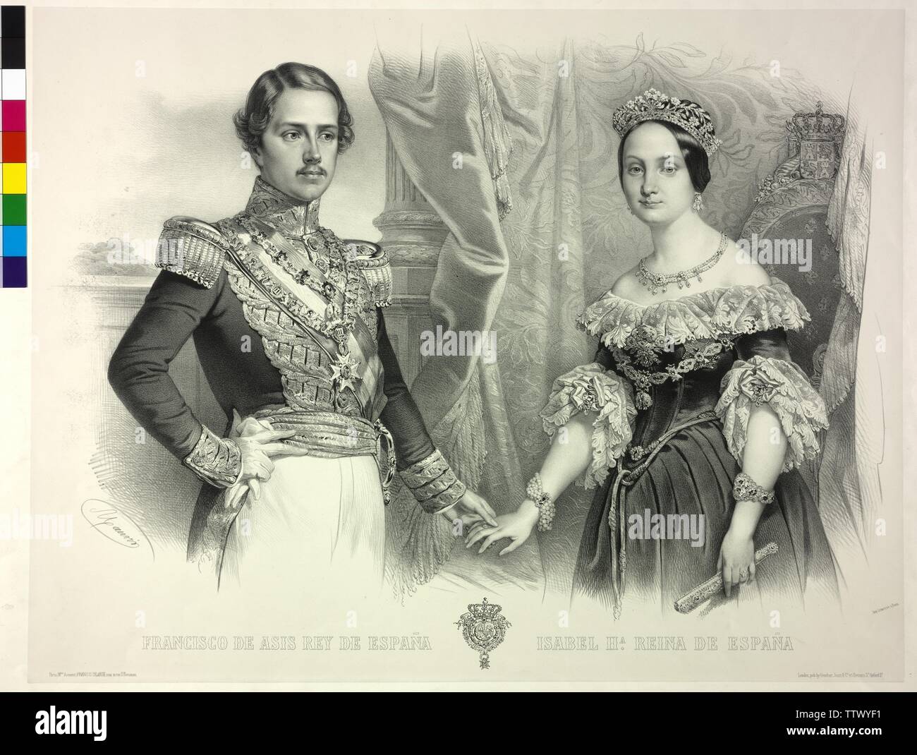 Isabella II., Königin von Spanien und ihr Ehemann Franz, König von Spanien, Lithographie von Antoine Maurin. Wappen. China, Additional-Rights - Clearance-Info - Not-Available Stockfoto