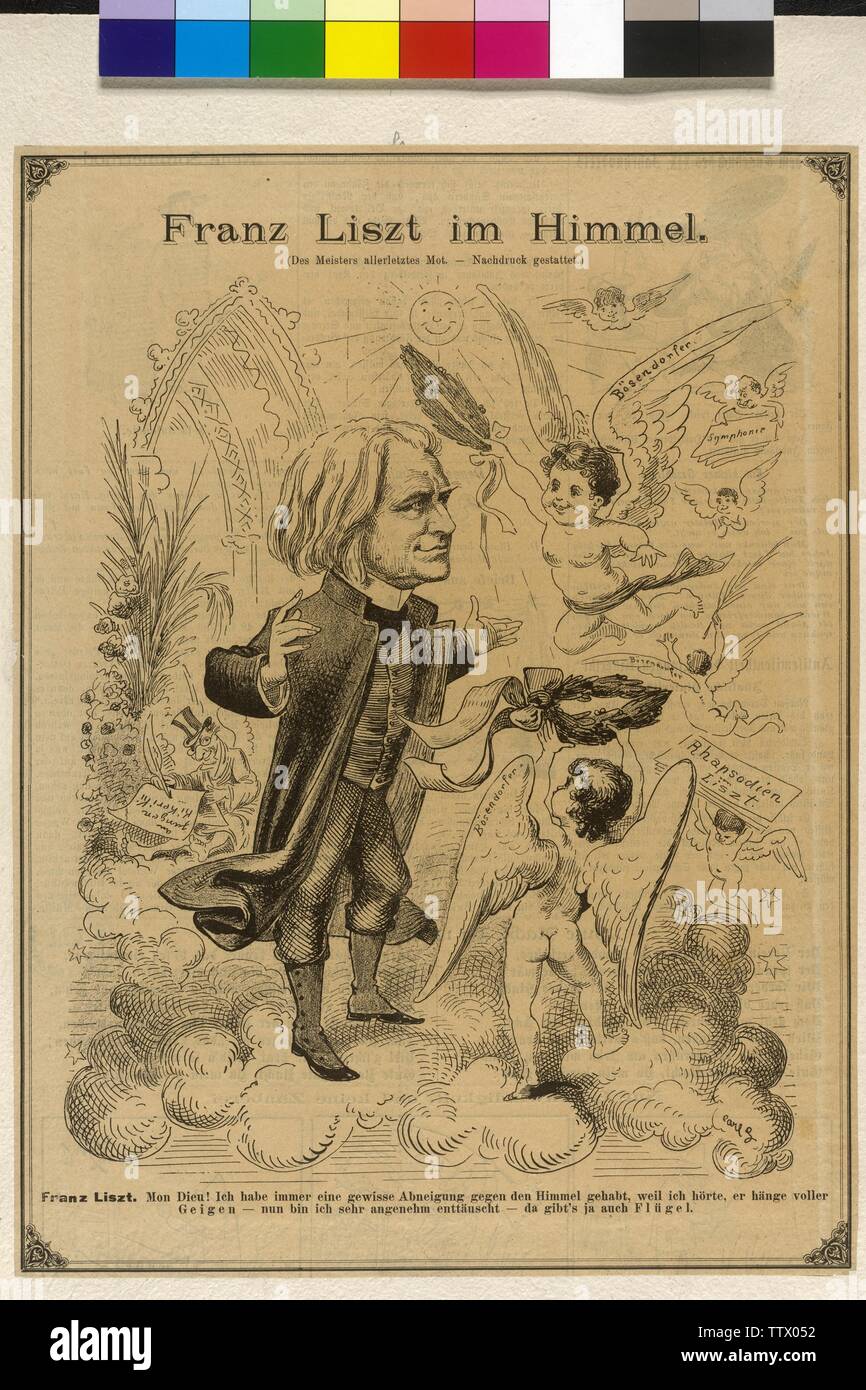 Liszt, Franz Liszt im Himmel, Karikatur, Holzstich, Additional-Rights - Clearance-Info - Not-Available Stockfoto