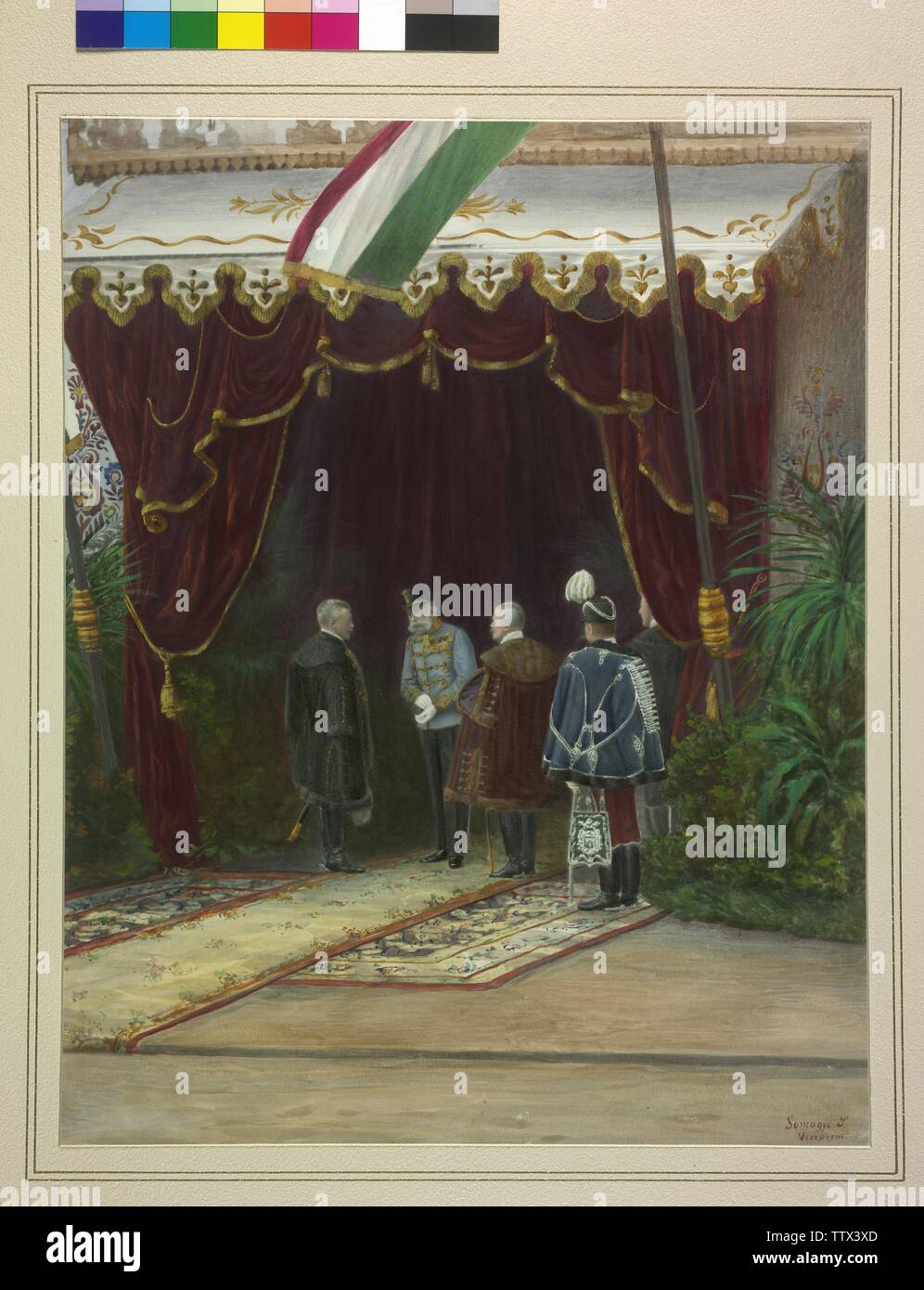 Franz Joseph I., Kaiser von Österreich, einladende unter dem Festzelt vor dem Bahnhof von Veszprem, Additional-Rights - Clearance-Info - Not-Available Stockfoto