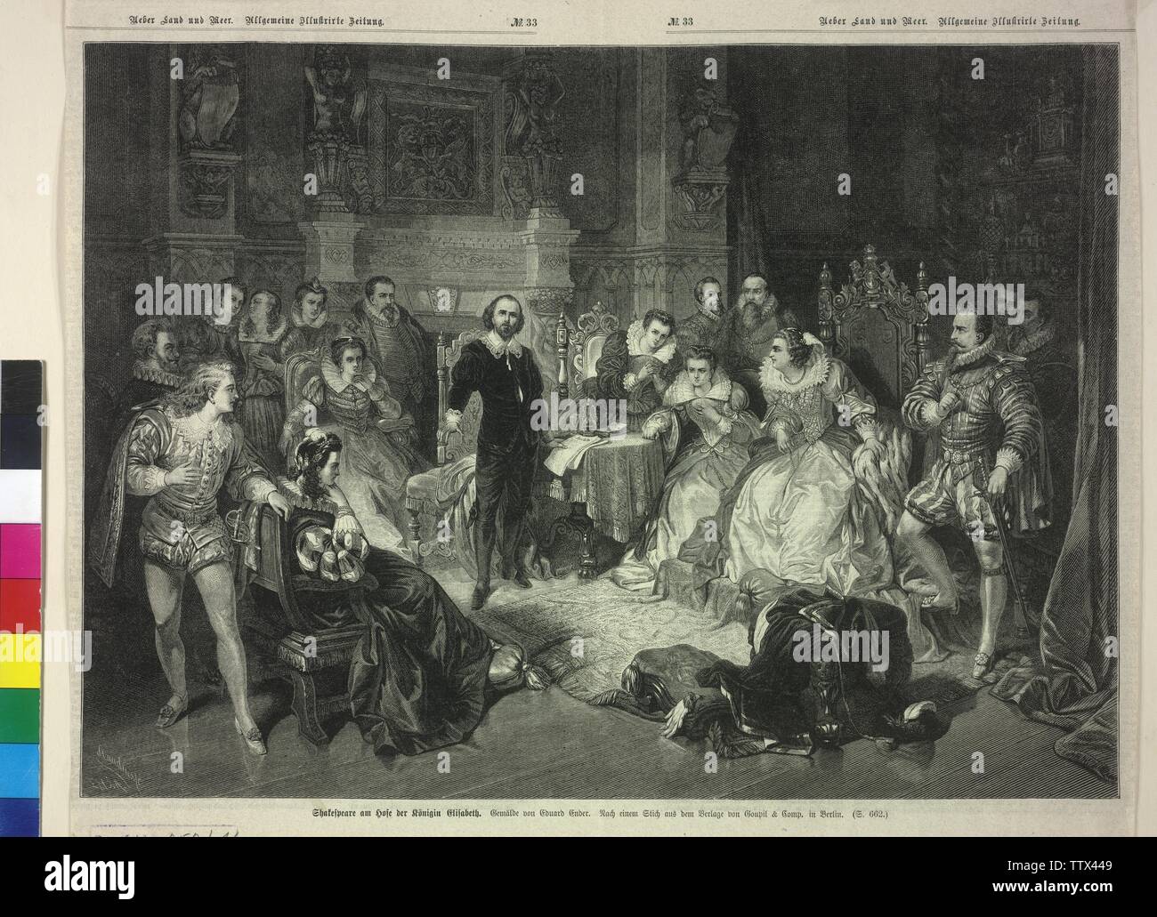 Shakespeare am Hof der Königin Elisabeth, Shakespeare lesen am Hof der Königin Elisabeth I von Macbeth Holzstich von Christian Dietrich Claudius auf Basis der Aquatinta Drucken von Pierre Cottin (1864) über die Malerei auf der Grundlage von Eduard Ender (1864), von "ueber Land und Meer. Allgemeine Illustrirte Zeitung", Stuttgart, Additional-Rights - Clearance-Info - Not-Available Stockfoto