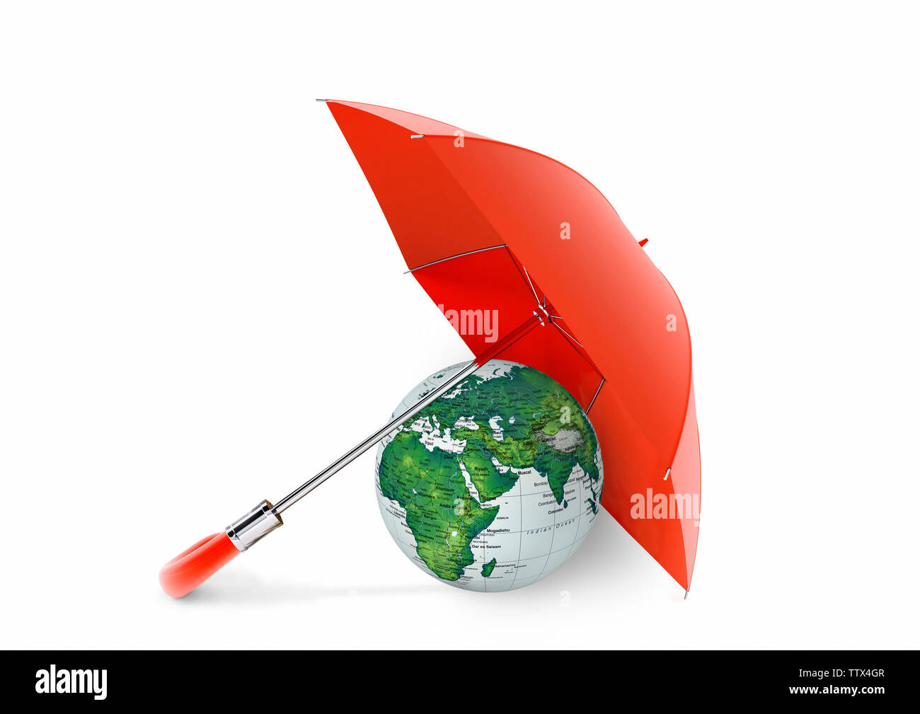 Globus unter dem roten Schirm Stockfoto
