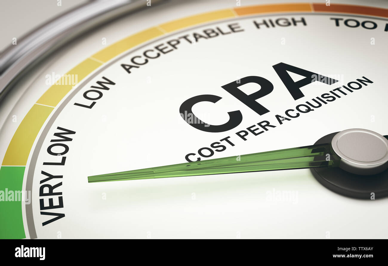 3D-Darstellung eines konzeptionellen Manometer mit der Nadel nach dem Text "Sehr niedrig". CPA, Kosten pro Akquisition Konzept. Stockfoto