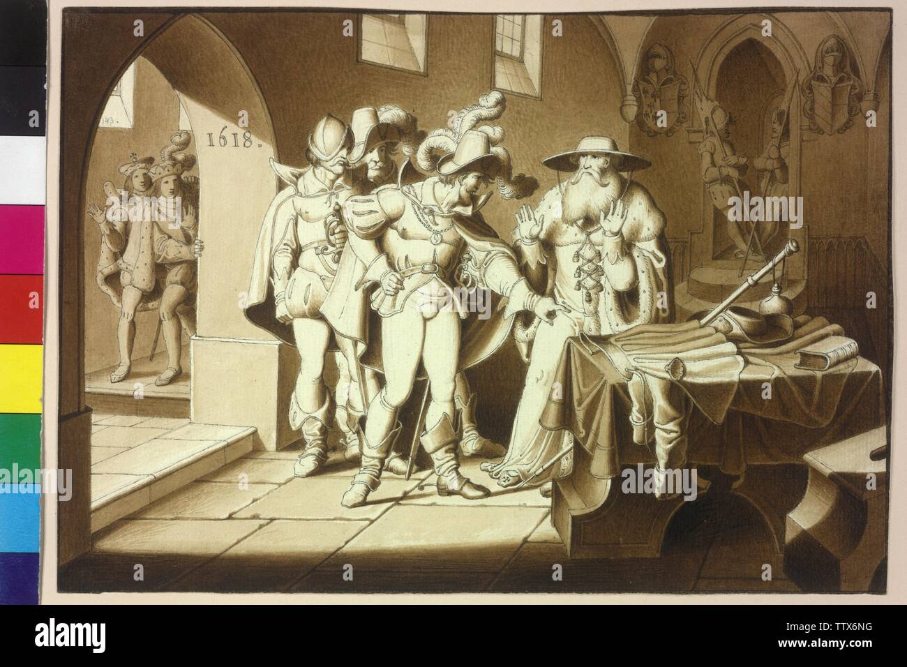 König Ferdinand II. und Erzherzog Maximilian ordentlich die Verhaftung von Kardinal Khlesl, Stift und Pinsel Zeichnung in braun mit weißer heightenings über Bleistift von Karl Russ Blatt 143 aus dem Zyklus "Bilder zur Geschichte von Wien", die 149 Zeichnungen entstanden zwischen dem 27. Januar 1826 und 12. Dezember 1832, - Additional-Rights Clearance-Info - Not-Available Stockfoto