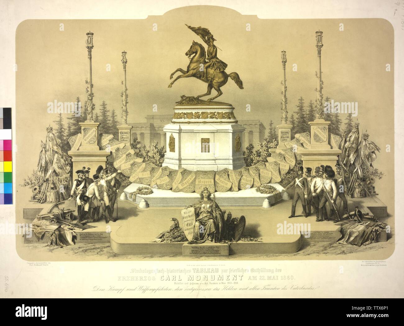 Symbol - Grafik historisches Tableau auf die feierliche Aufdeckung des Erzherzog Carl Denkmal am 22. Mai 1860, Reiterdenkmal auf dem Heldenplatz (Platz) in Wien für Karl, Erzherzog von Österreich, von Anton Dominik von fernkorn. getönten Lithographie von Vinzenz Katzler basiert auf einem Entwurf von Ferdinand Tewele, Additional-Rights - Clearance-Info - Not-Available Stockfoto