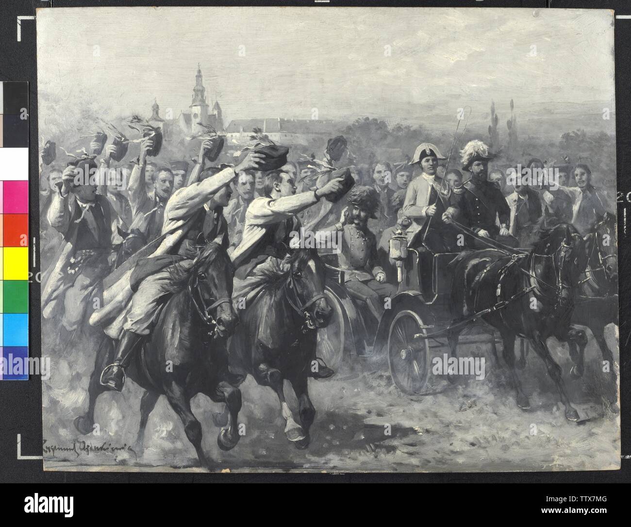 Kaiser Franz Joseph I. auf dem Weg durch Galizien, Reise von 1880, Öl auf Karton, Anstrich in Grau und Weiss, von Zygmunt Ajdukiewicz, signiert, Skizze outs auf die "Kronprinzenwerk" (Die österreichisch-ungarische Monarchie in Wort und Bild, Wien 1886-1902), Galizien, 1898, Seite 235, Additional-Rights - Clearance-Info - Not-Available Stockfoto