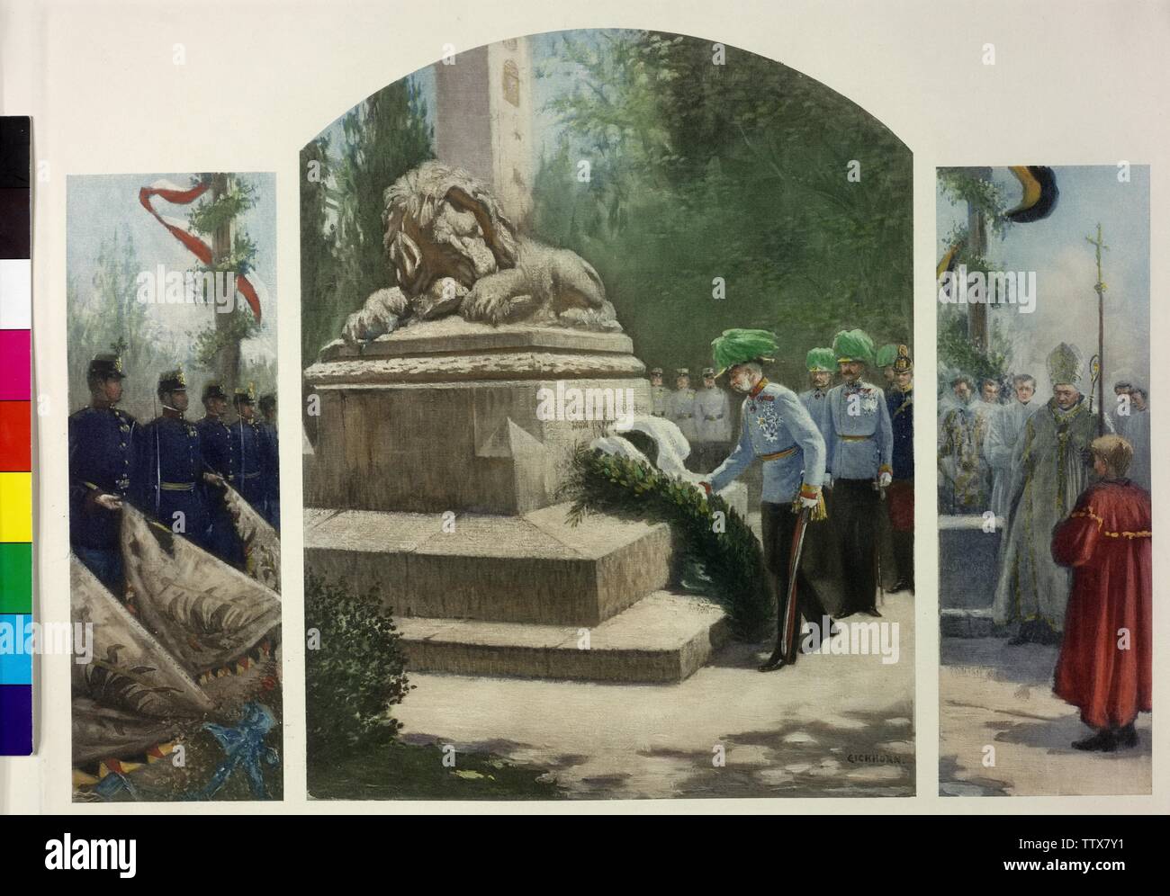 Wien 22, Aspern, Jahrestag der Schlacht von Aspern. Kaiser Franz Joseph ist zur Festlegung von einem lorbeerkranz an der Basis der Lion's Den Fernkorn auf dem Friedhof, Additional-Rights - Clearance-Info - Not-Available Stockfoto