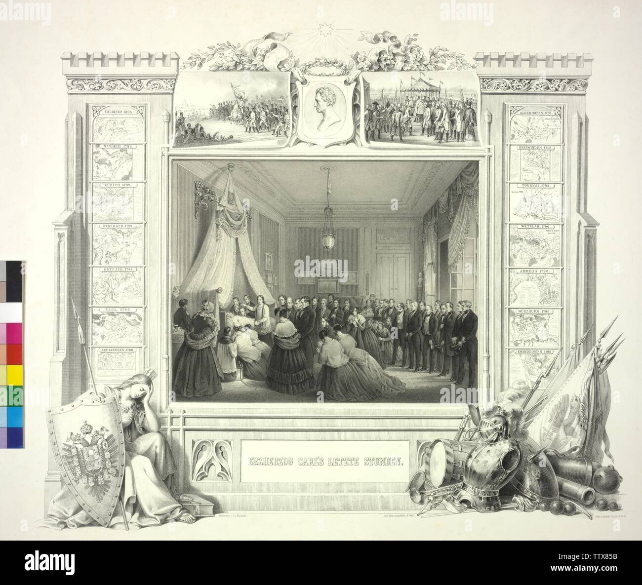 Erzherzog Carl letzte Stunde, Lithographie von Franz Wolf basiert auf einem Entwurf von Sebastian Warmuth von Schlachtfeld, Additional-Rights - Clearance-Info - Not-Available Stockfoto