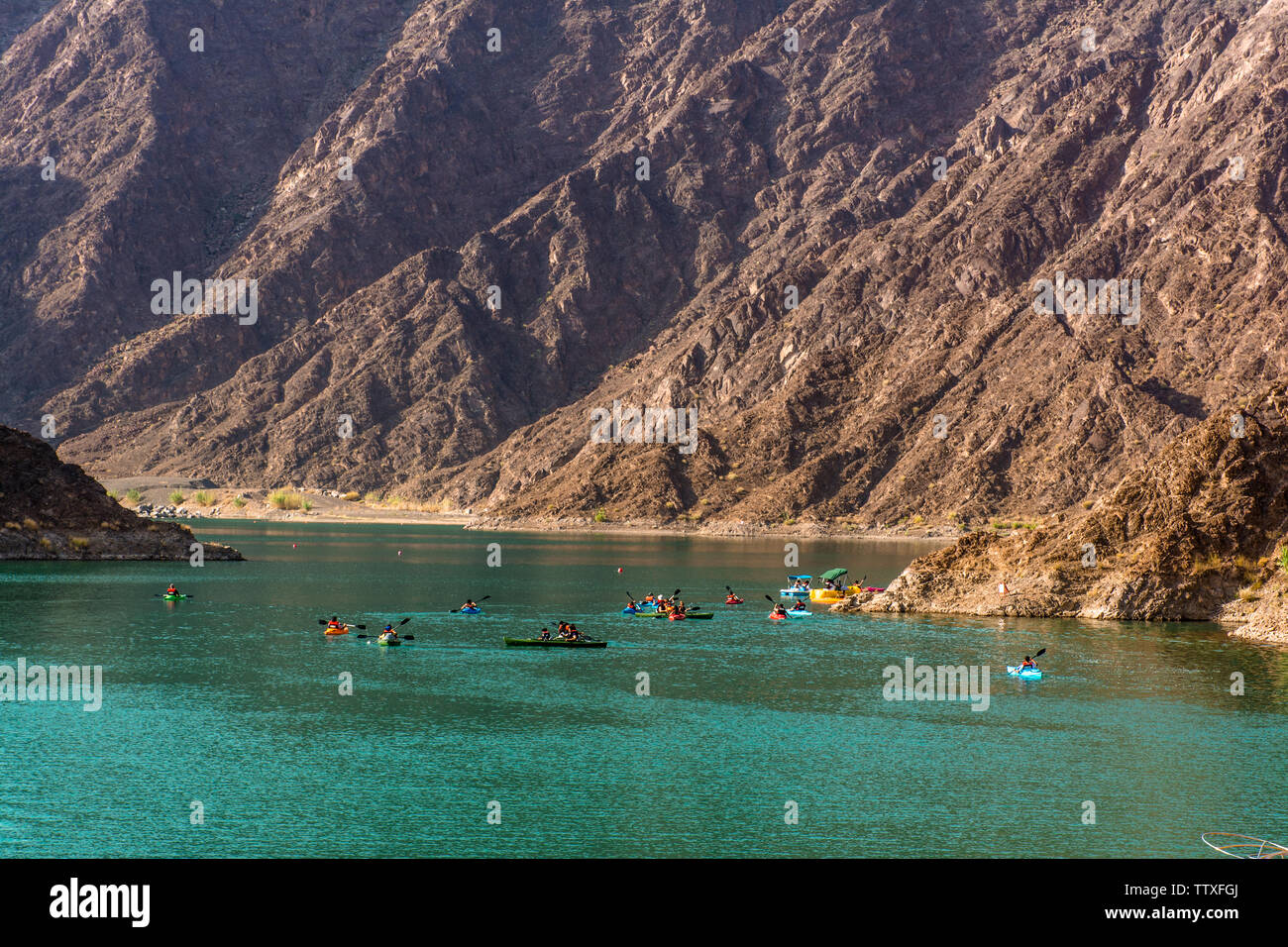 Hatta Stausee schöner Ort für Wasser Abenteuer Aktivitäten wie Boot Safari Kajak wasser Fahrrad berühmten Touristenattraktion von Dubai Stockfoto