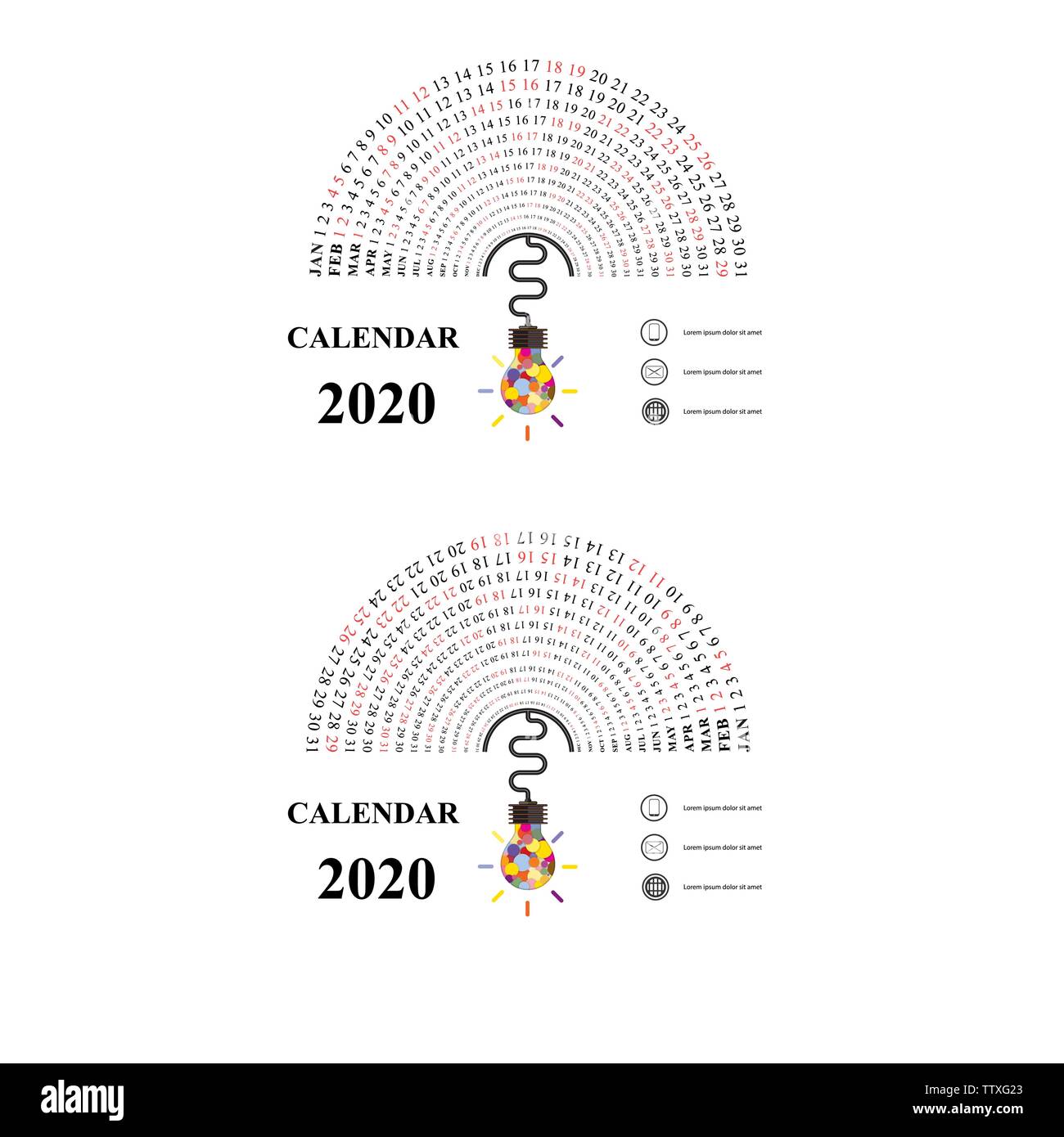 2020 Kalender Vorlage mit Idee Lampensymbol. Halbkreis Kalender