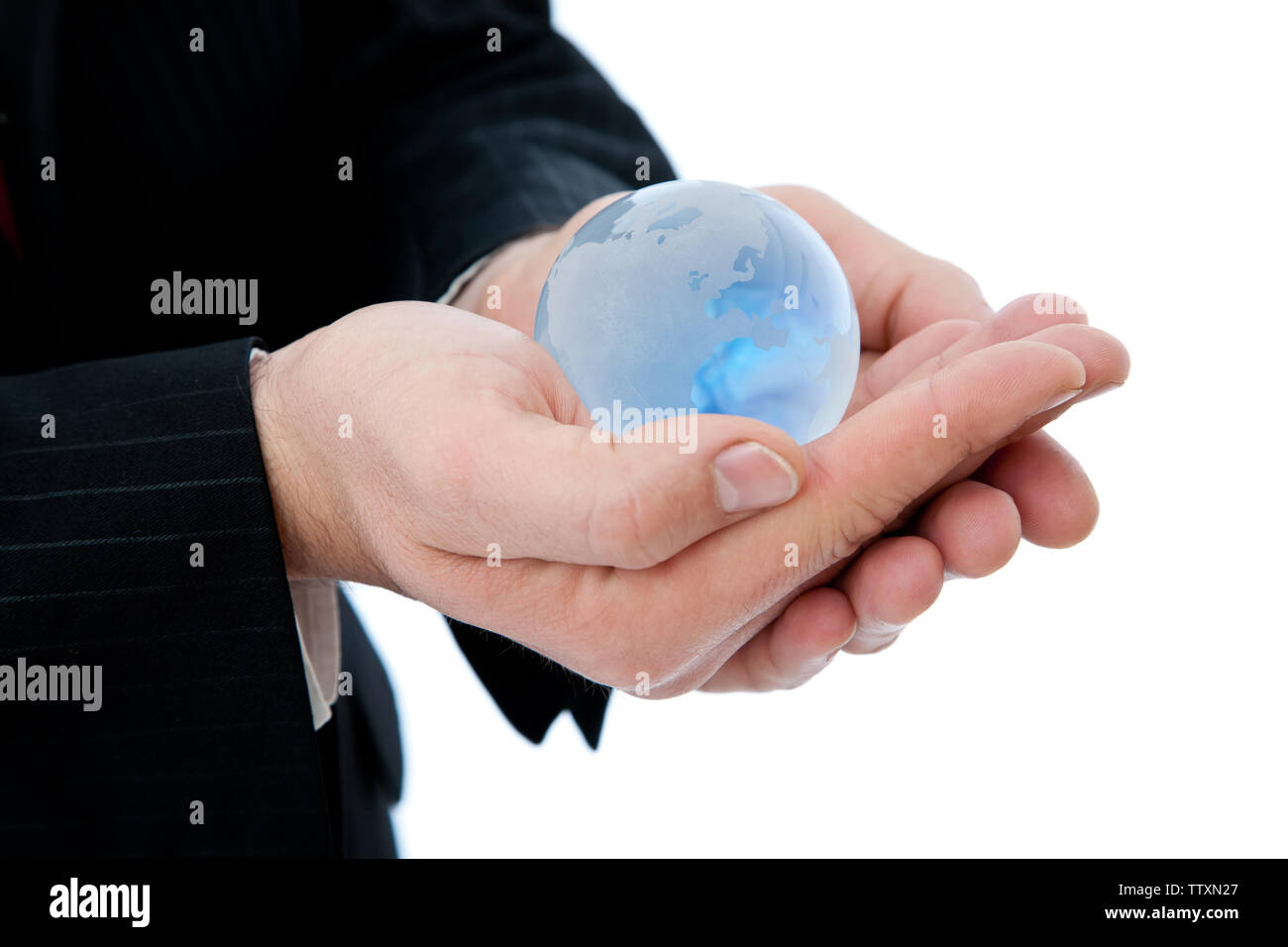 Geschäftsmann mit einem Mini Globe, flacher dof Stockfoto