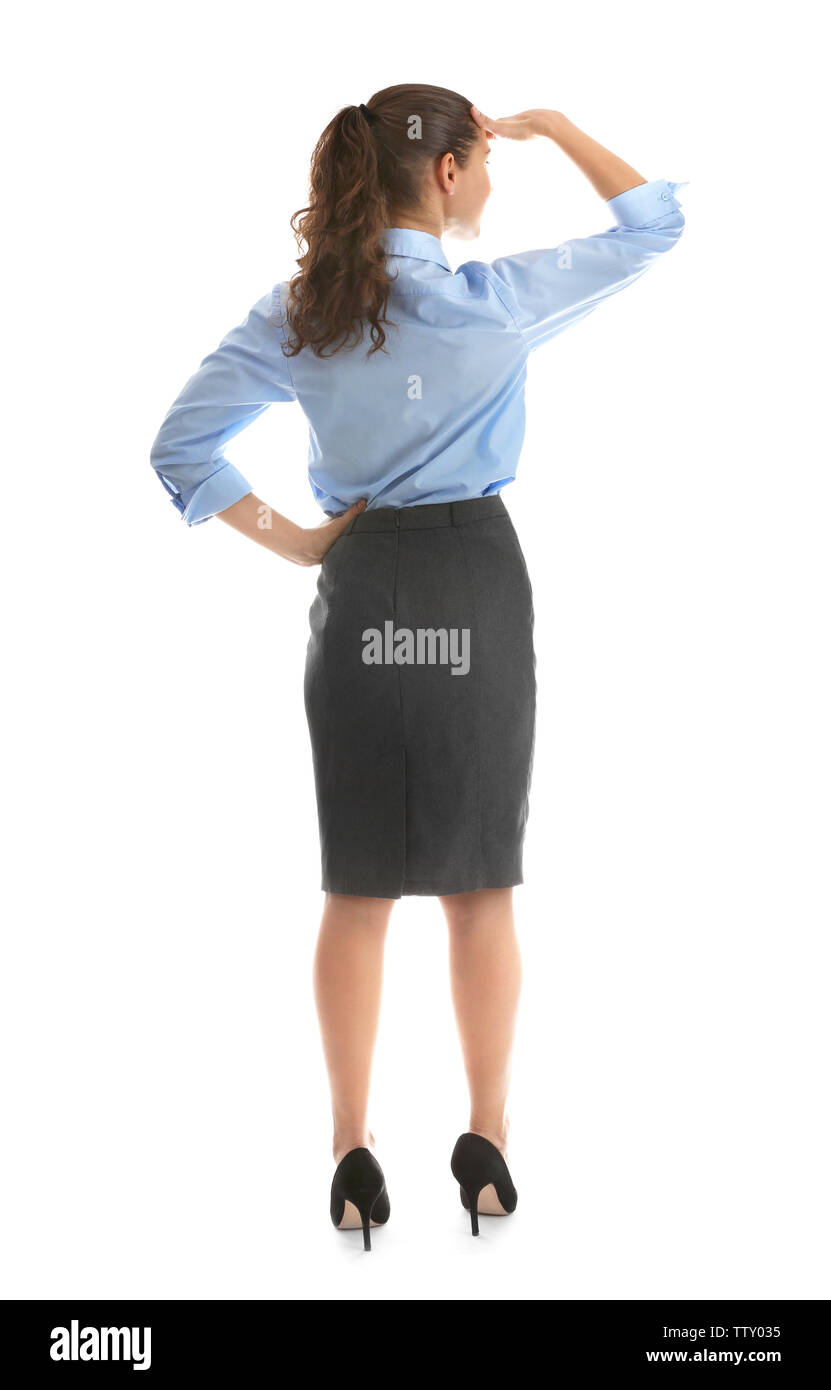 Junge Geschäftsfrau zurück auf weißem Hintergrund Stockfoto