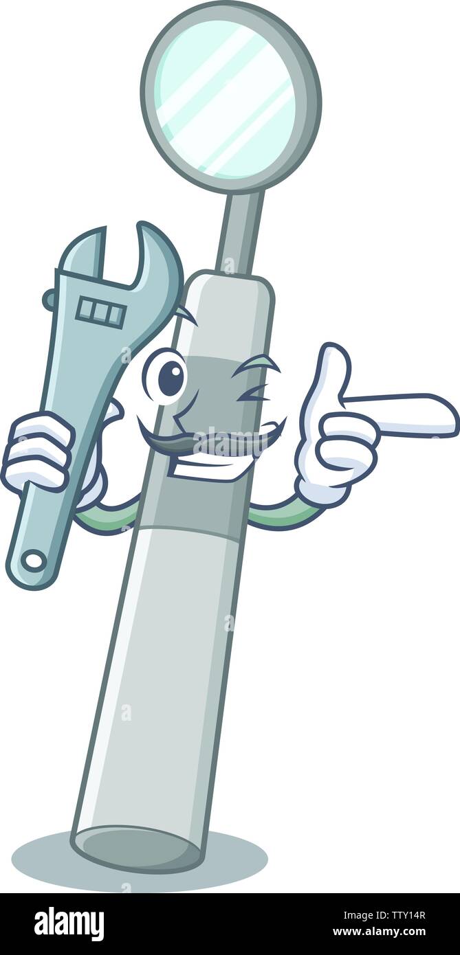 Mechaniker zahnmedizinischer Spiegel in einem Cartoon Warenkorb