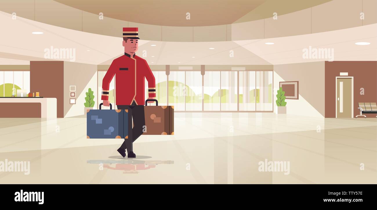 Bell Boy Koffertragen hotel Service Konzept bellman Holding Gepäck männliche Arbeiter in Uniform moderne Rezeption Lobby Interieur voller Länge Stock Vektor