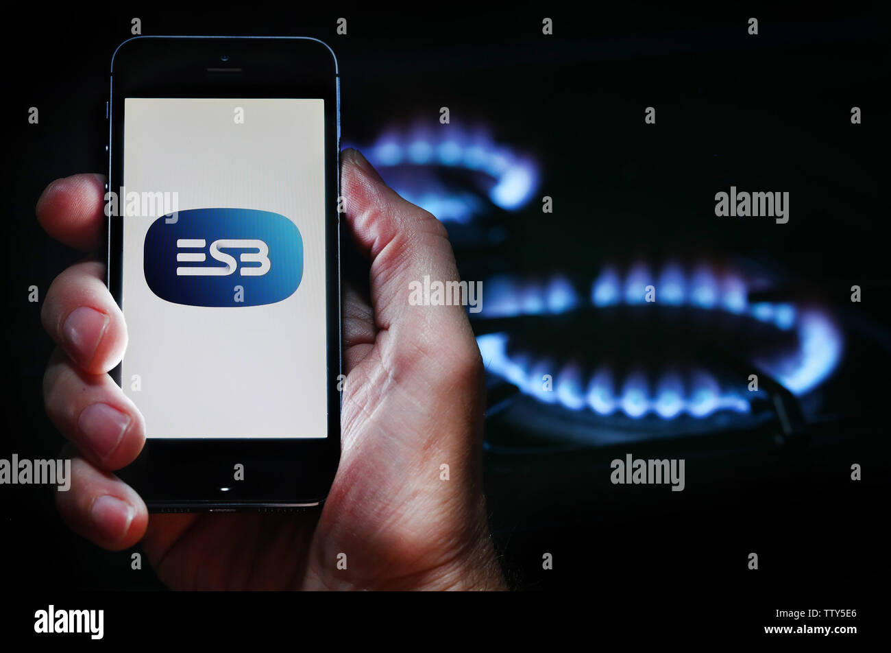 Ein Mann auf der Website Logo auf der Suche nach Energie unternehmen ESB auf seinem Mobiltelefon vor seinem Gaskocher (Editorial nur verwenden) Stockfoto