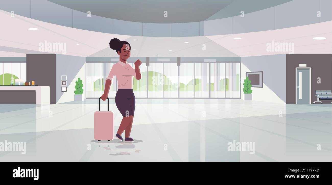 Geschäftsfrau mit Gepäck moderne Rezeption african american business Frau mit Koffer in der Lobby stehen moderne Hotel halle Innenraum Stock Vektor