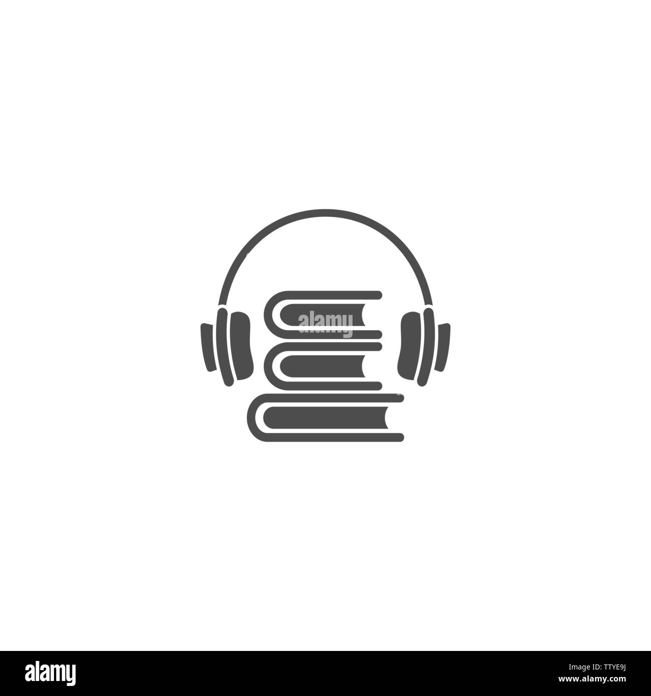 Schwarz Stapel Bücher mit Kopfhörer oder Headset auf weißem Hintergrund. Flache Vector Illustration. Internet Bildung online Logo. , Lernen o Stock Vektor