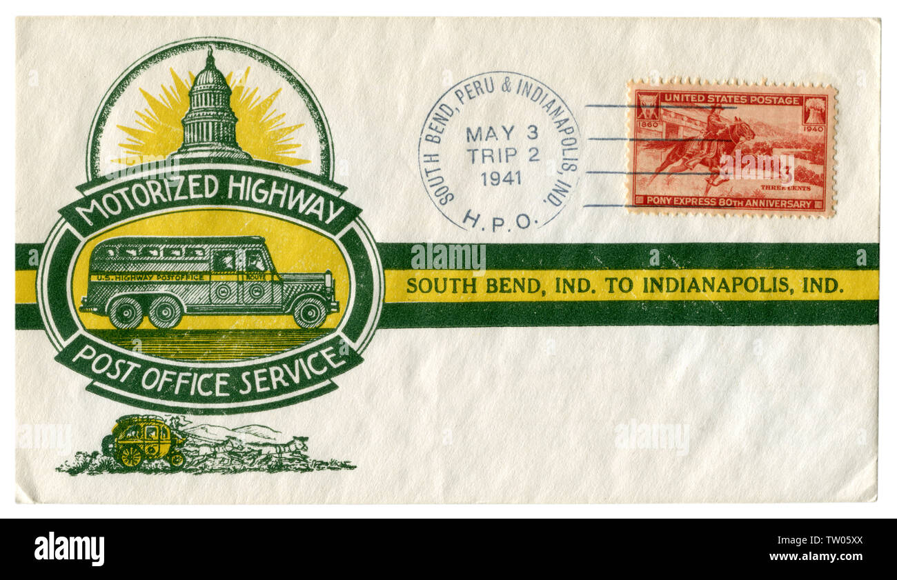 South Bend - Peru - Indianapolis, Indiana, USA - 3. Mai 1941: Uns historische Umschlag: Abdeckung mit Gütesiegel motorisierter Autobahn Post Office Service. Stockfoto