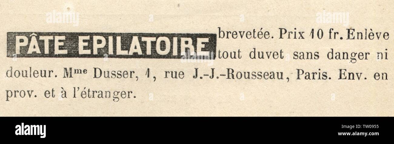 PUBLICITÉ ANCIENNE. PÂTE EPILATOIRE. 1871 Stockfoto