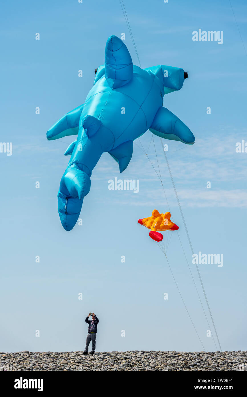 An einem hellen und luftigen Tag in North Devon die perfekte Bedingungen für die Westward Ho beweisen! Drachenfest, die die Menschen an die Küste der Co zu genießen Stockfoto