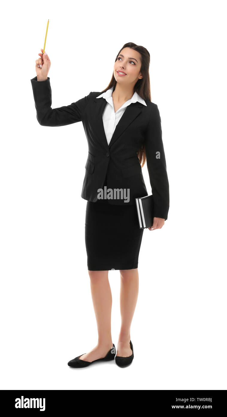 Schöne junge Lehrer auf weißem Hintergrund Stockfoto