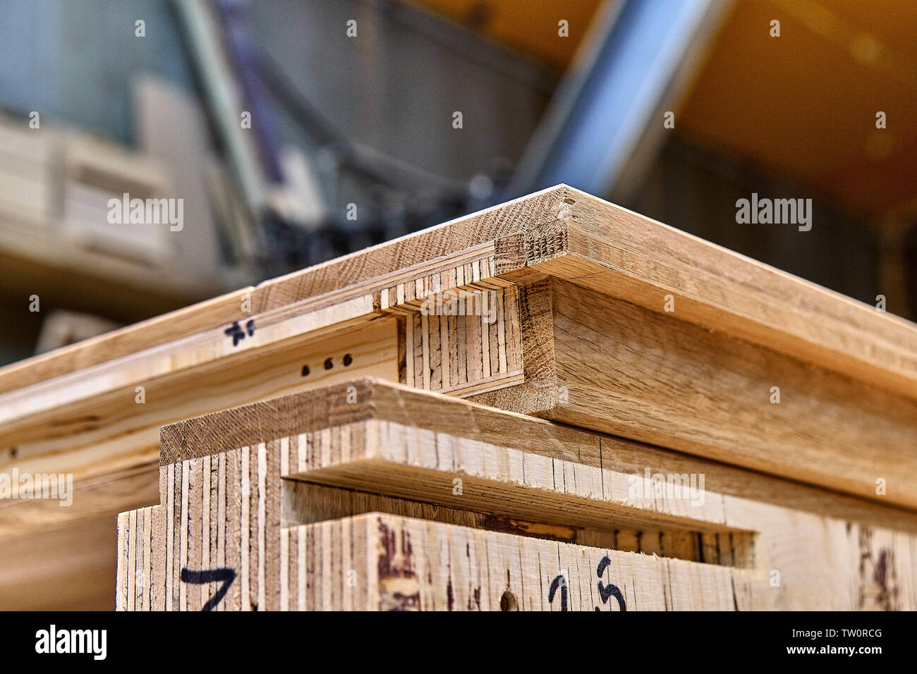 Holz Tür Fertigungsprozess. Türblatt. Holzbearbeitung und Schreinerei Produktion. Herstellung von Möbeln. Close-up Stockfoto